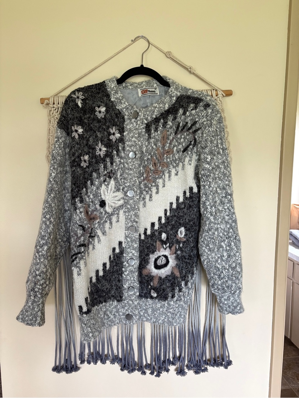 Cozy Gray Floral Knit Button-Front Cardigan Sweater